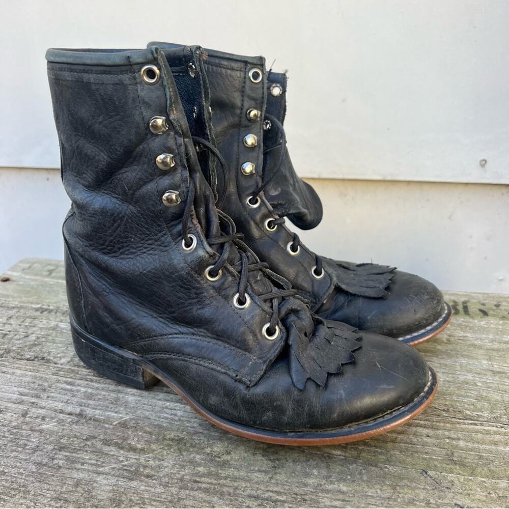 90s Laredo Black Leather Cowgirl Western Lace Up Roper Boots w/ Toe Kilte Fringe